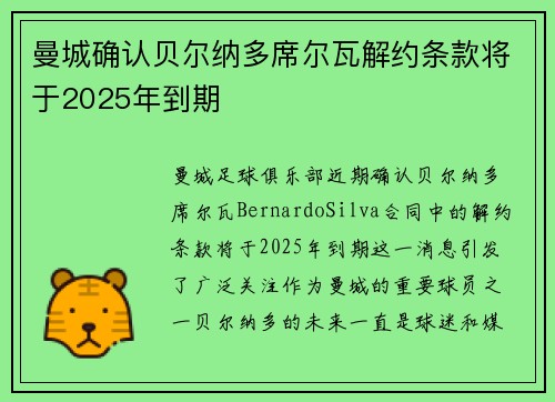 曼城确认贝尔纳多席尔瓦解约条款将于2025年到期